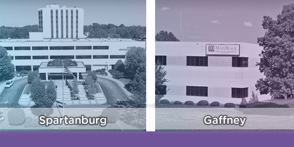 A black and white photo of the Mary Black Memorial Hospital – Spartanburg and a black and white photo of the Mary Black Hospital – Gaffney 