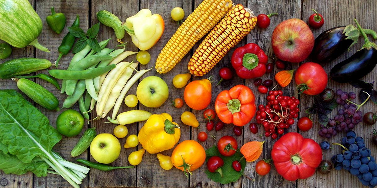 green, yellow, red, purple fruits and vegetables