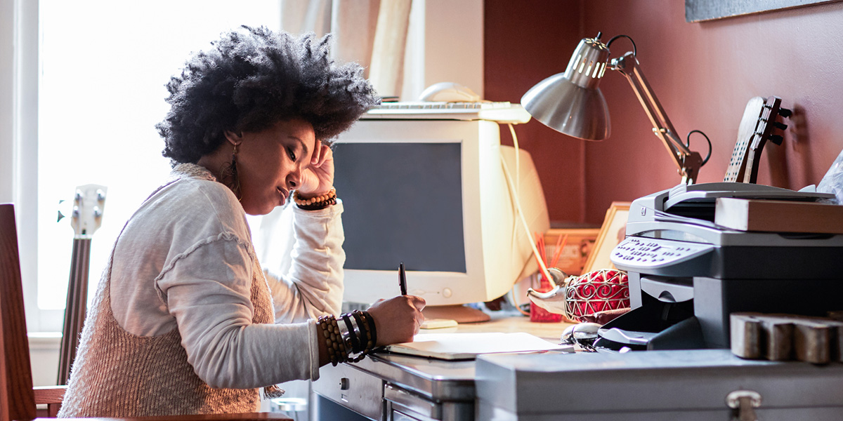 Portrait of woman with cool hair in home office