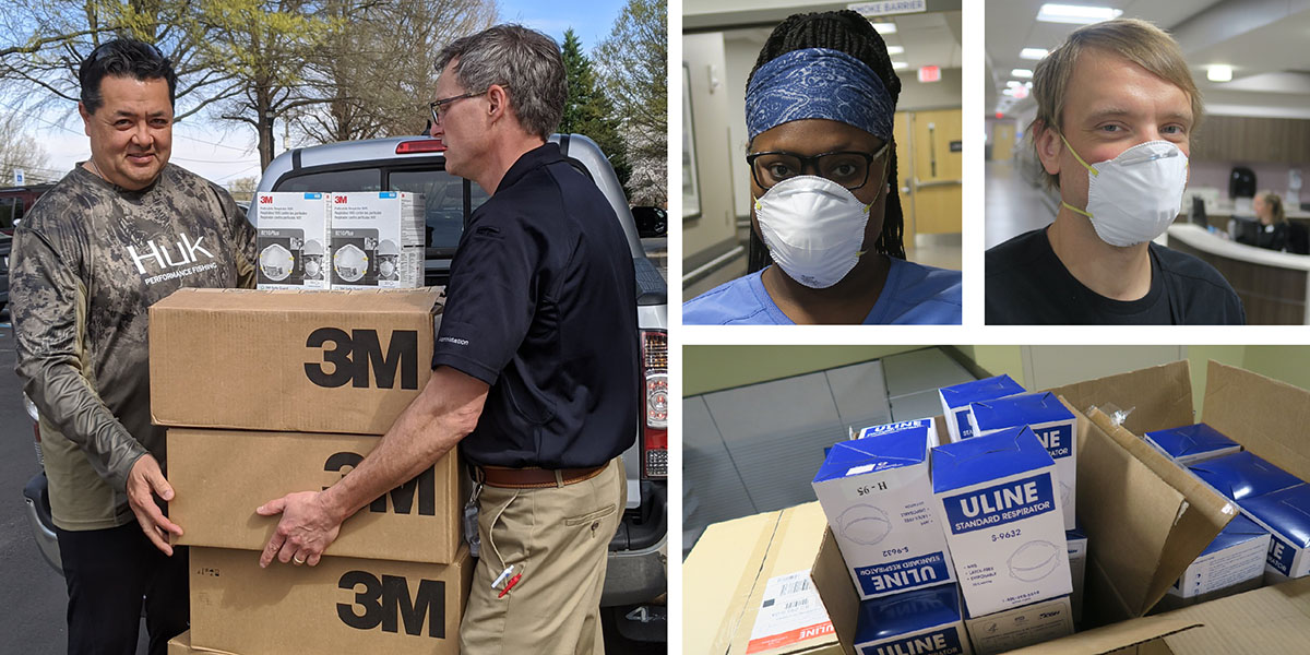 a collage of photos with Covid-19 masks being delivered, boxes of masks and two employees wearing maks to prevent the spread of the coronavirus.jpg
