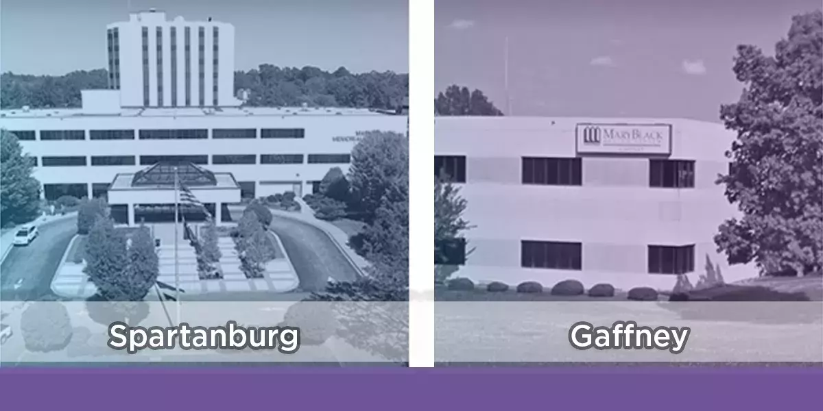 A black and white photo of the Mary Black Memorial Hospital – Spartanburg and a black and white photo of the Mary Black Hospital – Gaffney