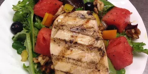 Blueberry, watermelon and walnut salad with grilled chicken