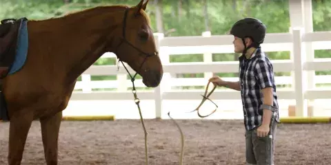 A child with special needs approaches the waiting horse as a part of his Equine Assisted Therapy has become an integral part of the Pediatric Rehabilitation treatment program at Spartanburg Medical Center 